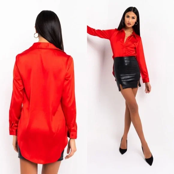 Red Longline Button Down Blouse - Picture 4 of 4